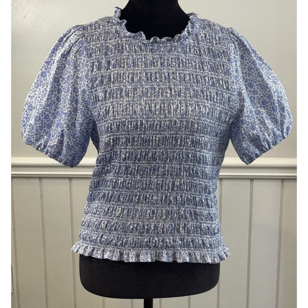 J. Crew‎ Smocked Top M Liberty D'Anjo Floral Puff Sleeve Cottagecore Coquette